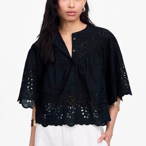 Madewell Embroidered Shirred Cotton Eyelet Henley Top Black Size XS NWT